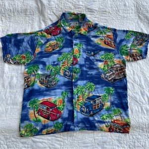 Pineapple Vintage Aloha Connection Blue Hawaiian Shirt w/ Vintage Cars Size XL